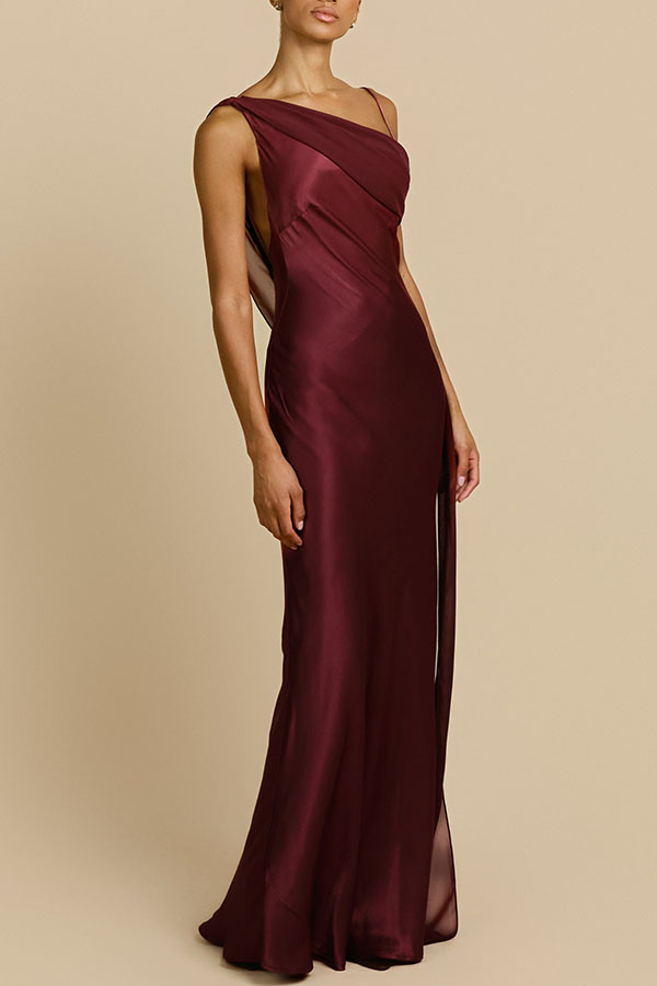 Helena Satin Asymmetric Neckline Contrast Chiffon Detail Backless Maxi Dress