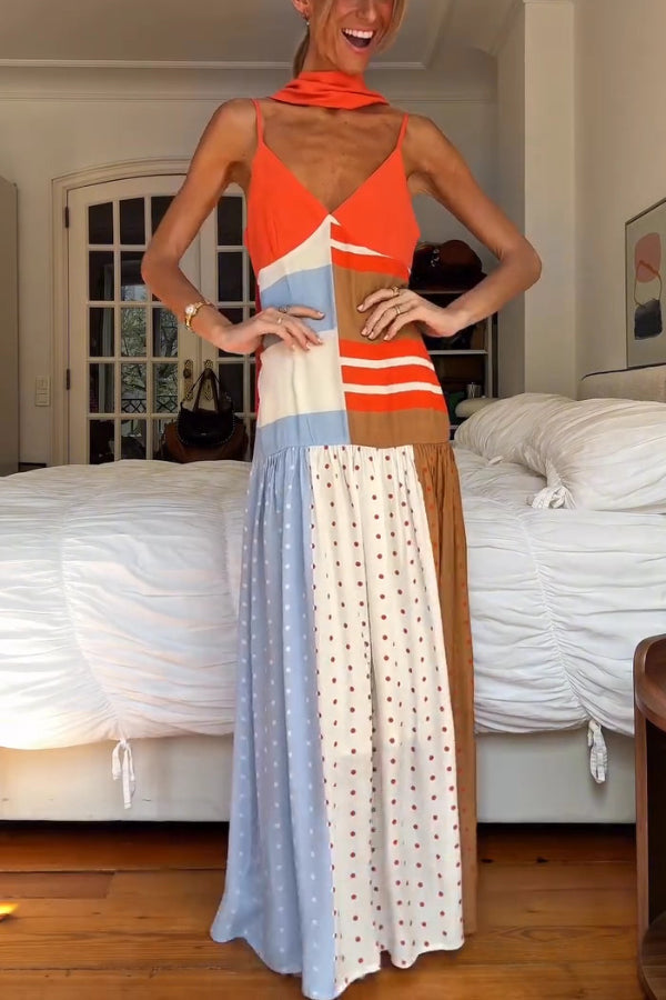 Vibrant Touch Color-blocked Polka Dot Print Slip Pleated Hem Maxi Dress | Consonak