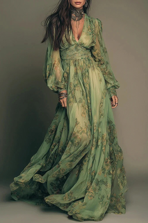 Botanical Print V-neck Long-sleeved Fitted Waist Casual Maxi Dress | Consonak