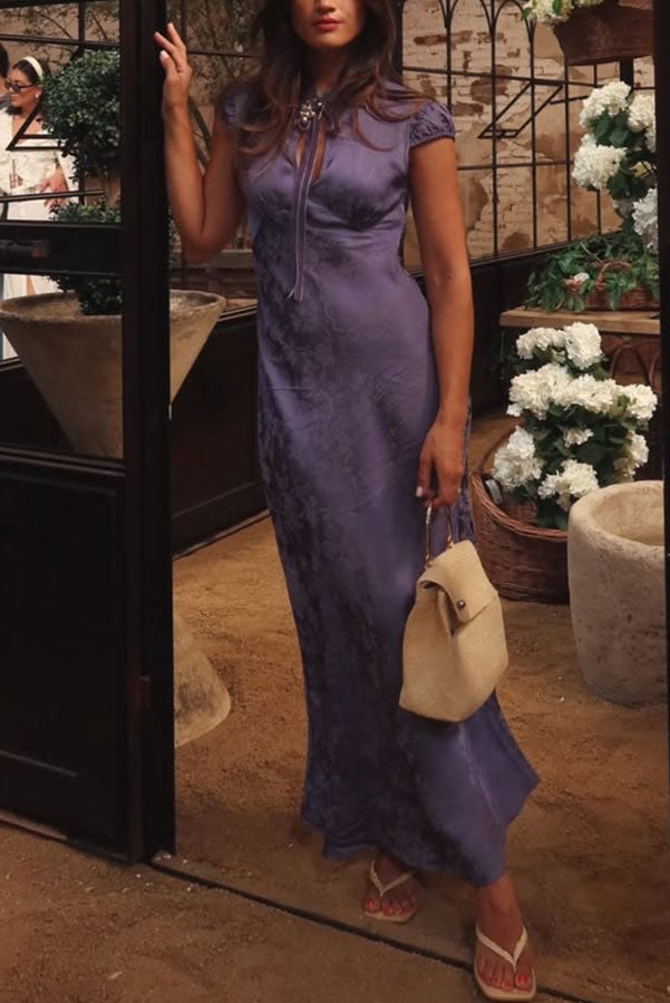 30s-inspired Satin Jacquard Floral Print Ruffle Velvet Bow Neck Short Sleeve Maxi Dress