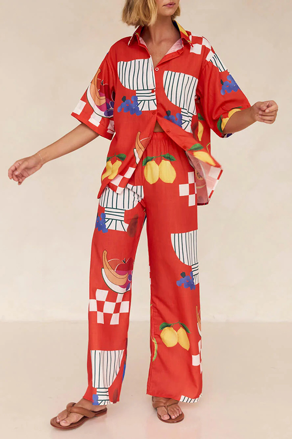 Unique Printed Casual Shirt and Elastic Waist Pants Set-consonak