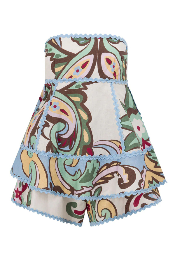 Unique Botanical Print Serrated Trim Sleeveless Off Shoulder Top and Elastic Waist Casual Shorts Set-consonak