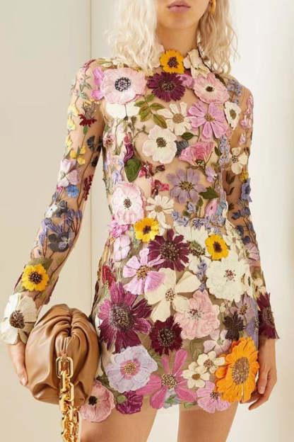 Elegantly Enchanted Floral Applique Backless Long Sleeve Mini Dress-consonak