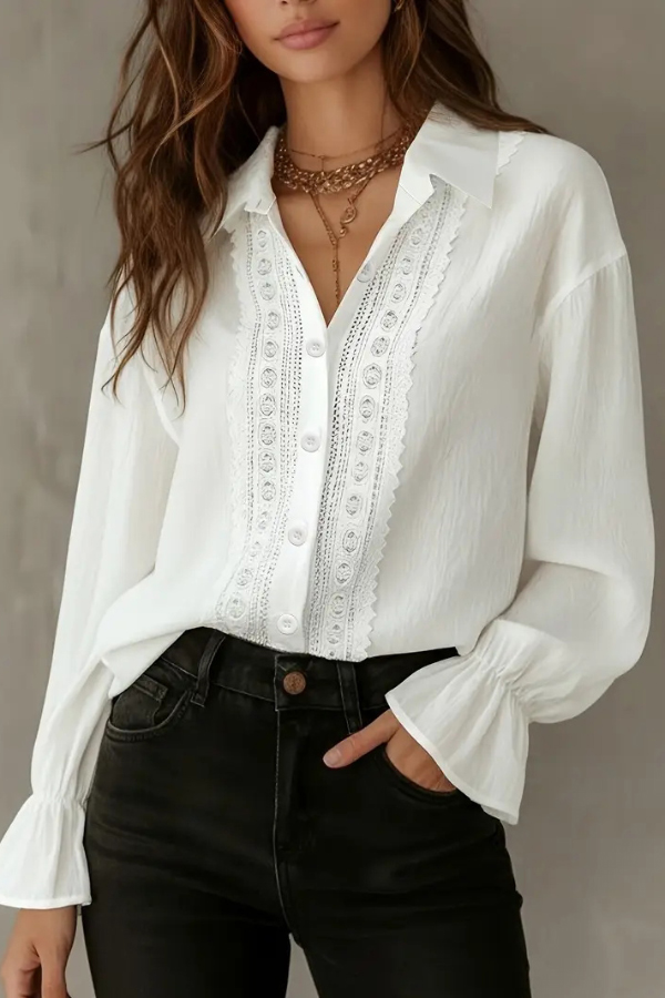 Solid Color Patchwork Lace Lapel Long-sleeved Button Casual Shirt-consonak