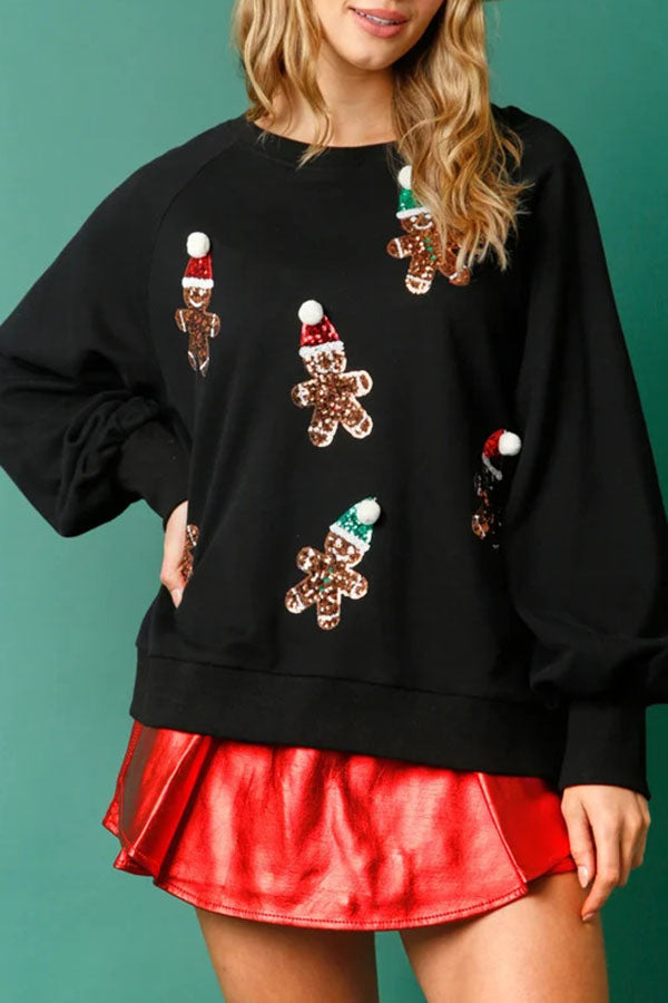 Christmas Gingerbread Man Sequined Long Sleeve Sweatshirt-consonak