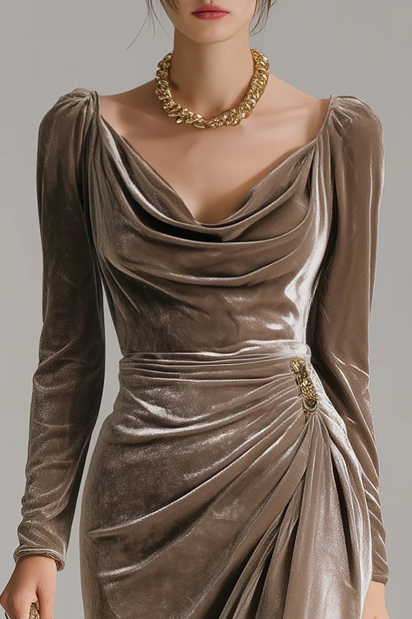 Solid Color Velvet Long-sleeved Slim-fit Pleated Midi Dress-consonak