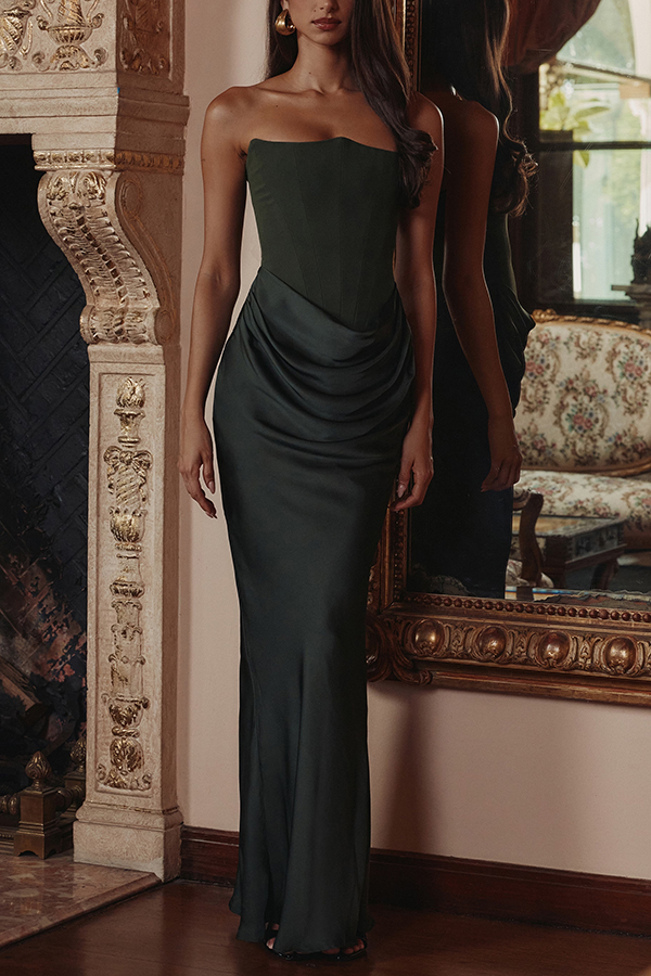 Attend The Gala Strapless Corset Satin Ruched Hip Drape Maxi Dress | Consonak