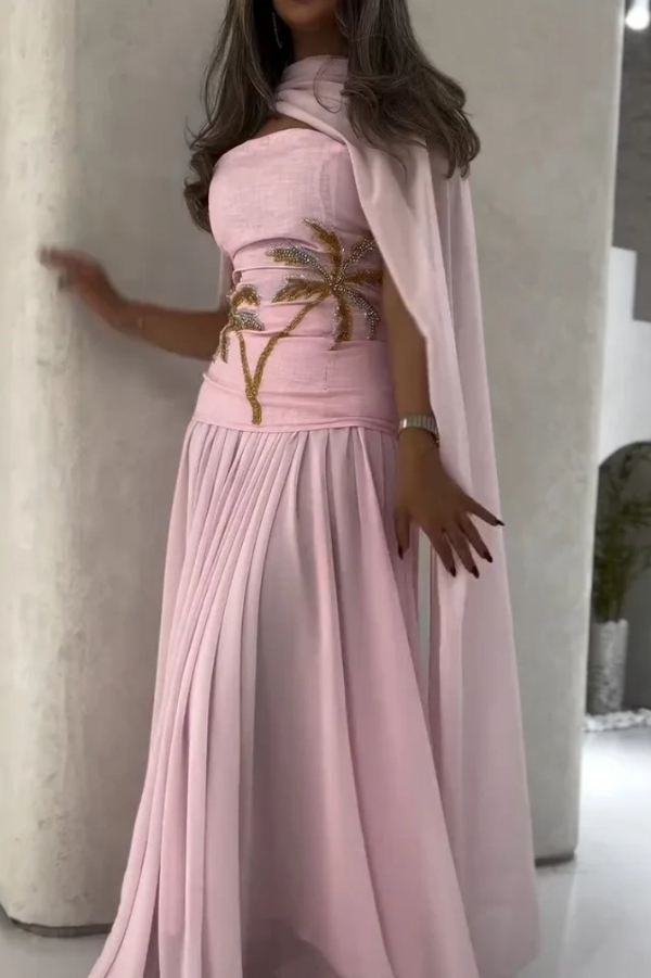 Stylish Beaded Sleeveless Off-shoulder Elegant Maxi Dress with Chiffon Shawl-consonak