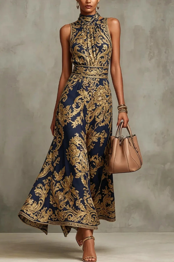 Vintage Gold Embroidered Long Dress-Consonak