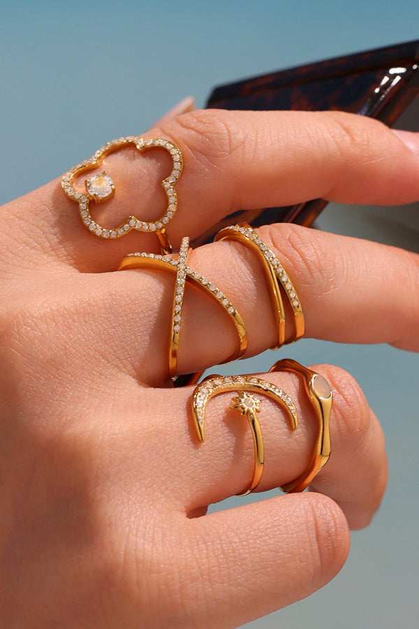 Elegant Super-shiny Zircon Star and Moon Irregular Geometric Ring-consonak