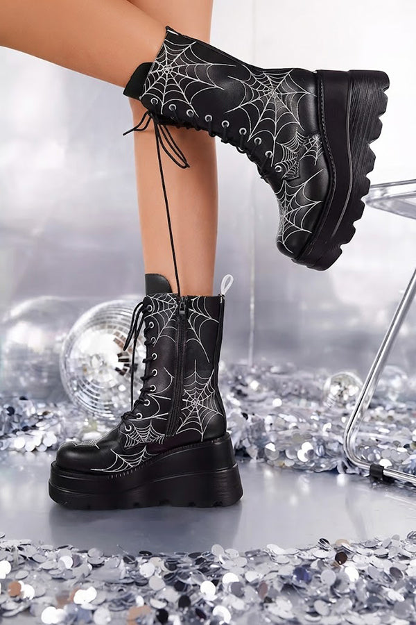 Platform Ankle Boots with A Spiderweb Pattern-Consonak