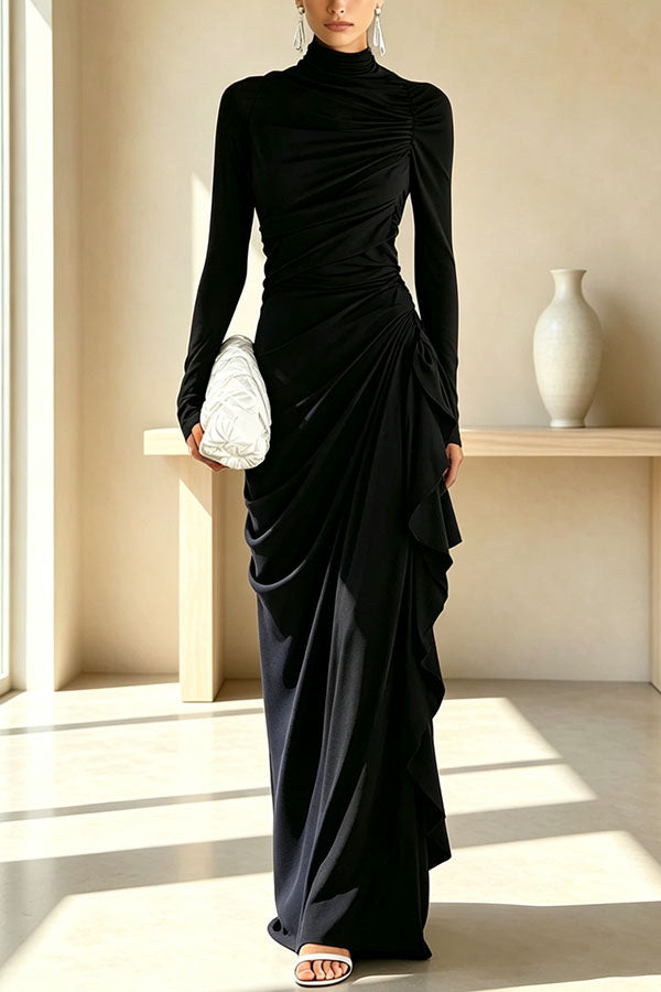 Elegant High Neck Long Sleeve Pleated Draped Fitted Maxi Dress-Consonak