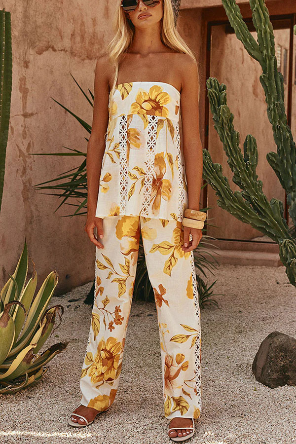Lorde Linen Blend Floral Print Cutout Trim A-line Tank and High Rise Pocket Wide Leg Pants Set-consonak