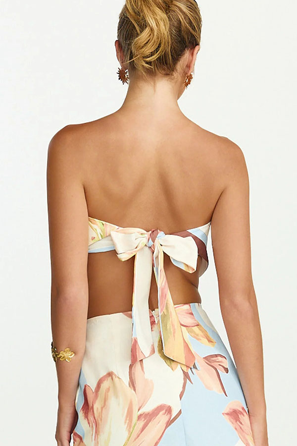 Shades of Cornflower Printed Bandeau Crop Scarf Top and Elastic Waist Pocket Wide Leg Pants Set