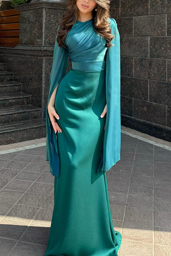 Liora Ruched Organza and Satin Patchwork Design Long Bell Slit Sleeve Maxi Dress | Consonak