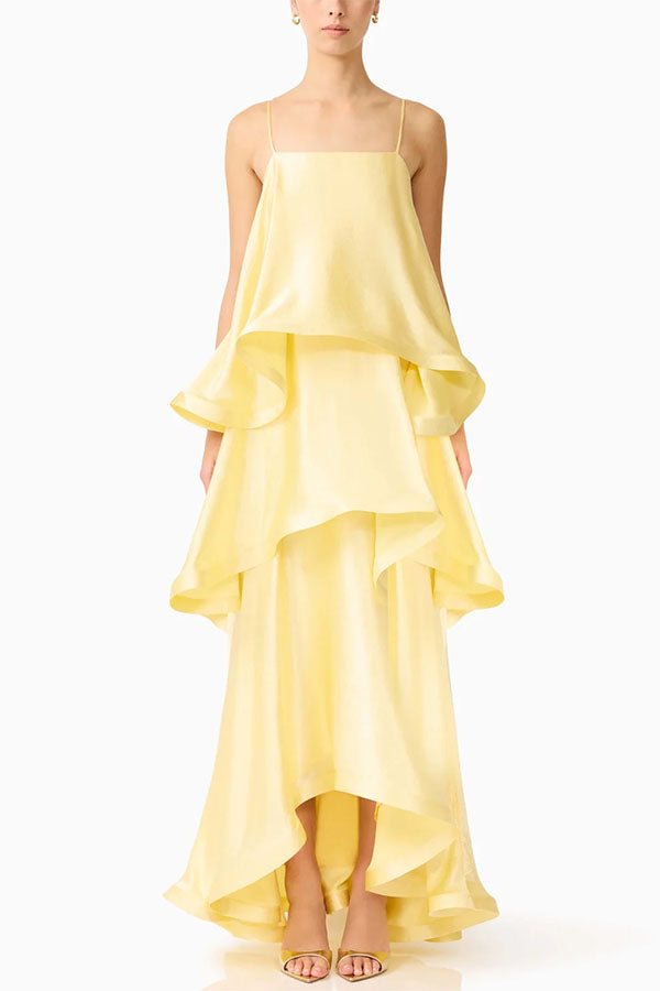 Soft and Smooth Satin Tiered Slip Square Neck A-line Maxi Dress | Consonak