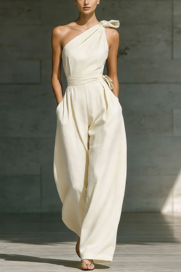 Solid Color Sleeveless One-shoulder Fitted Waist Casual Pocket Loose Wide-leg Jumpsuit