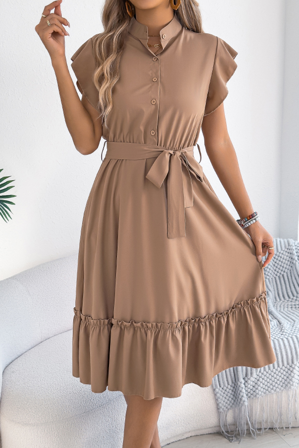 Solid Color Stand Collar Button Waist Tie Casual Midi Dress-consonak
