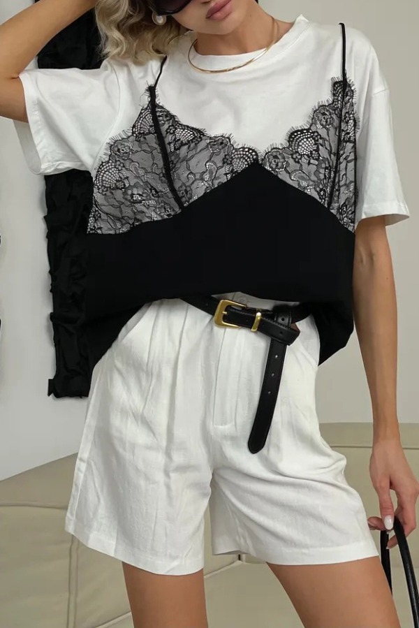 Fashionable Lace Patchwork Loose-fitting Round Neck Short-sleeved T-shirt