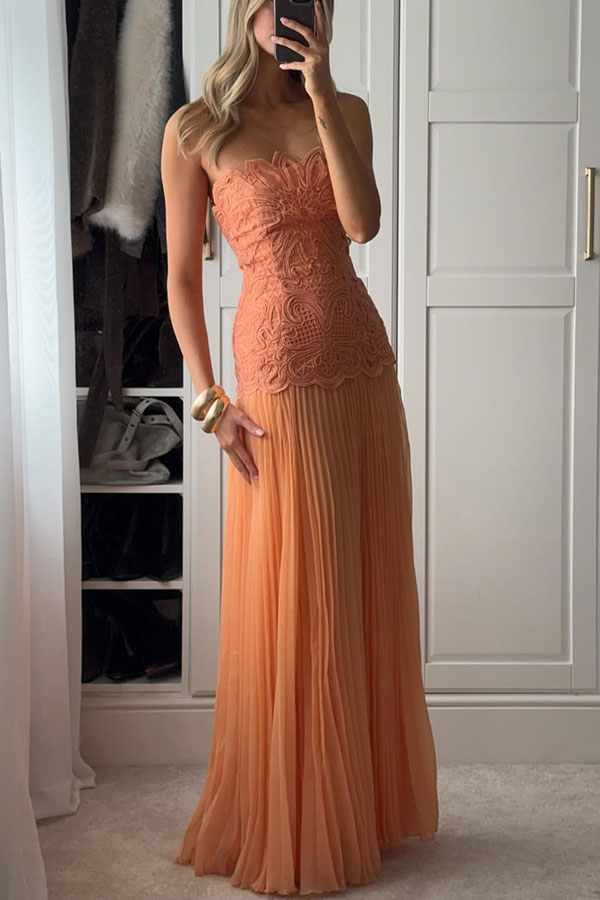 Sun Drifter Abstract Embroidery Cutwork Pleated Chiffon Hem Bandeau Maxi Dress