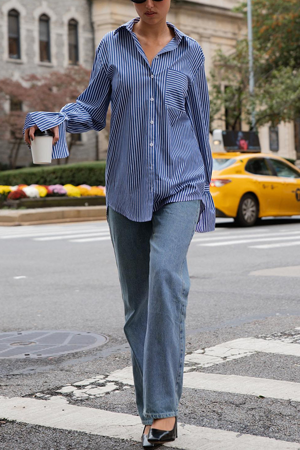 Striped Print Ruffled Long Sleeve Pockets Loose Shirt-consonak