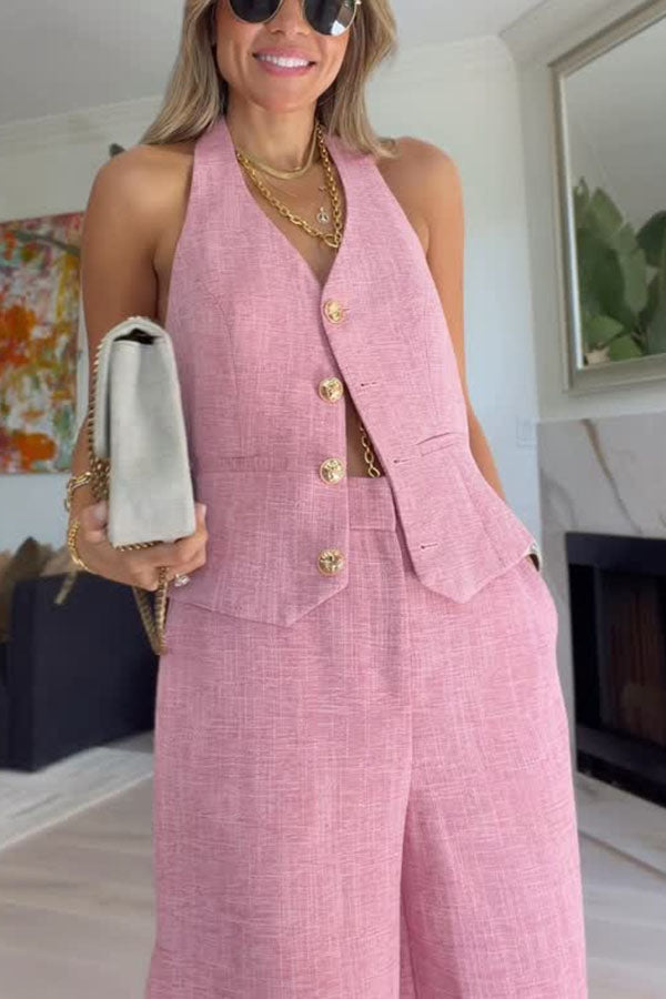 City Outfit Linen Blend Metal Button Halter Vest and Pocket Wide Leg Pants Set | Consonak