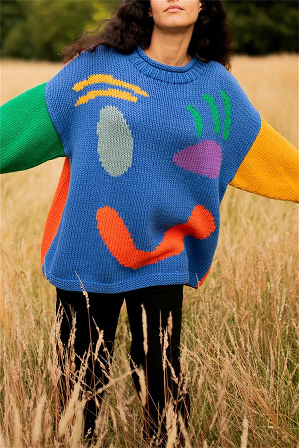 Feel Good Knit Colorful Smiley Face Loose Pullover Sweater-consonak