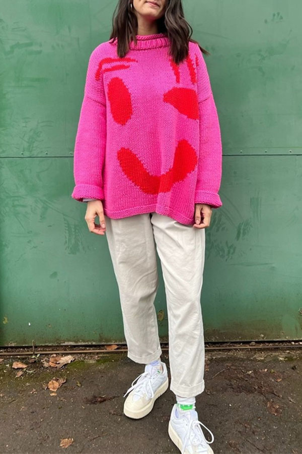 Feel Good Knit Colorful Smiley Face Loose Pullover Sweater-consonak