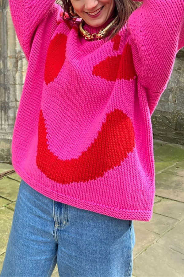 Feel Good Knit Colorful Smiley Face Loose Pullover Sweater-consonak