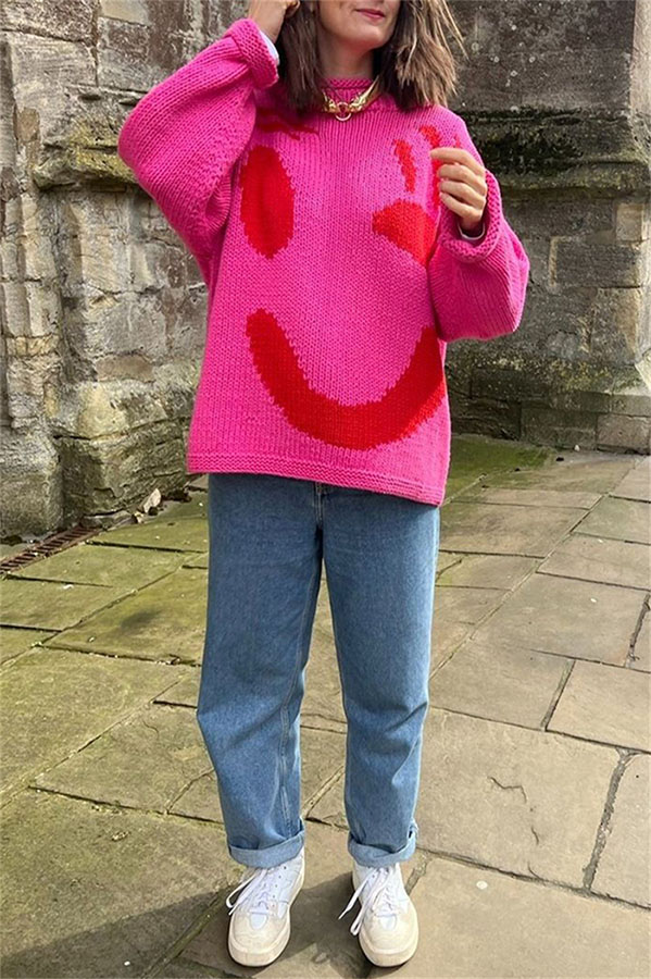 Feel Good Knit Colorful Smiley Face Loose Pullover Sweater | Consonak