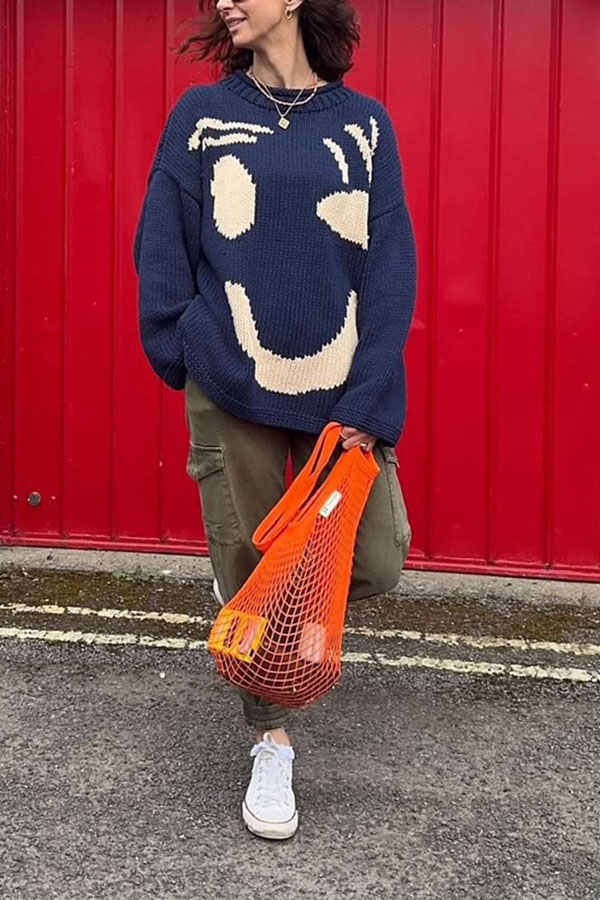 Feel Good Knit Colorful Smiley Face Loose Pullover Sweater-consonak
