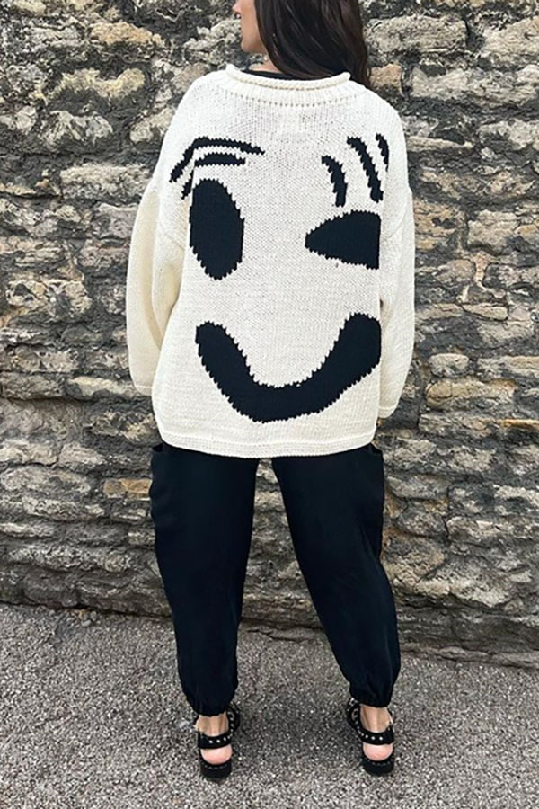 Feel Good Knit Colorful Smiley Face Loose Pullover Sweater-consonak