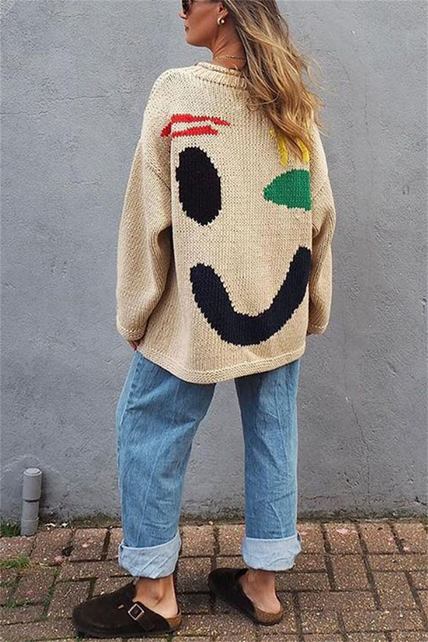 Feel Good Knit Colorful Smiley Face Loose Pullover Sweater-consonak
