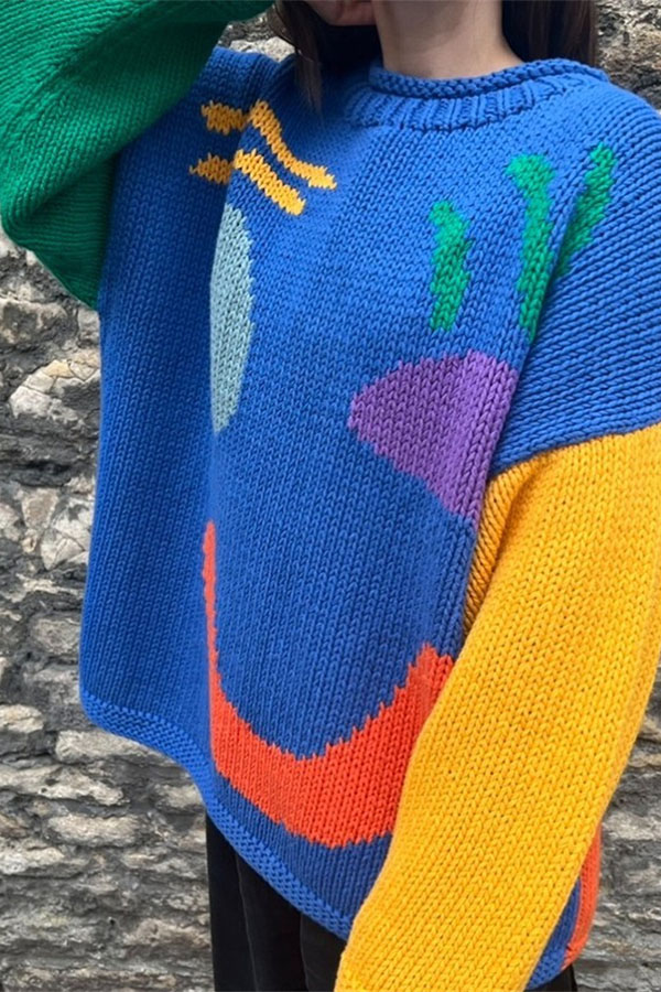 Feel Good Knit Colorful Smiley Face Loose Pullover Sweater-consonak