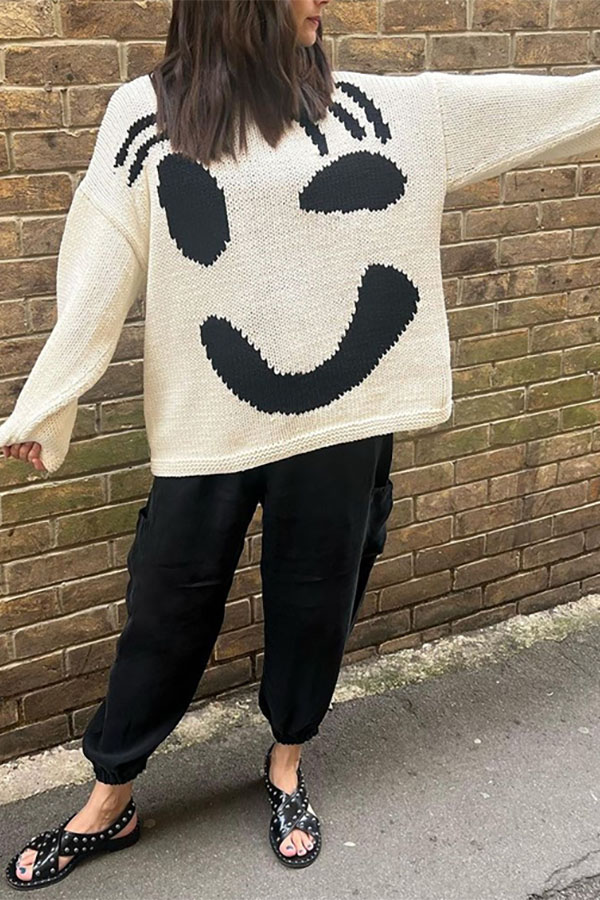 Feel Good Knit Colorful Smiley Face Loose Pullover Sweater-consonak