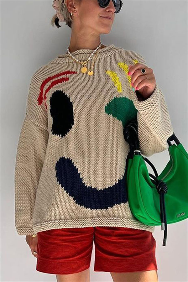 Feel Good Knit Colorful Smiley Face Loose Pullover Sweater-consonak