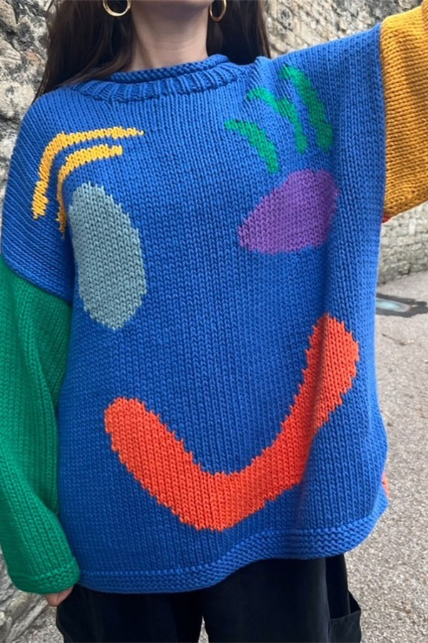 Feel Good Knit Colorful Smiley Face Loose Pullover Sweater-consonak