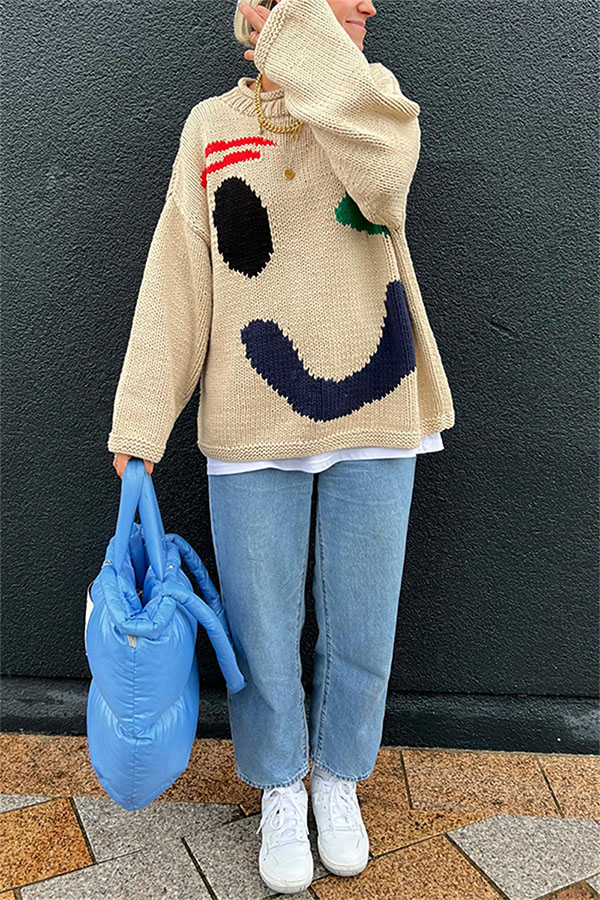 Feel Good Knit Colorful Smiley Face Loose Pullover Sweater-consonak