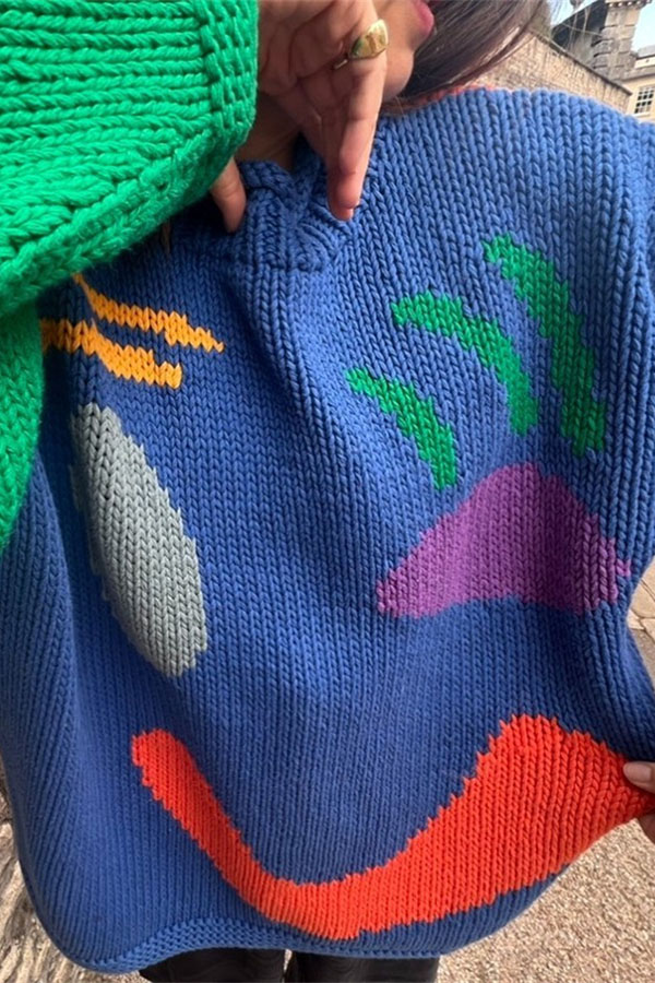 Feel Good Knit Colorful Smiley Face Loose Pullover Sweater-consonak