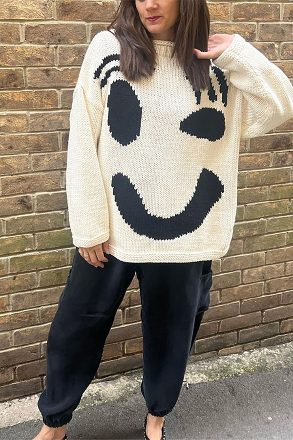 Feel Good Knit Colorful Smiley Face Loose Pullover Sweater-consonak