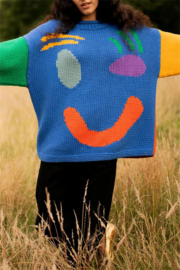 Feel Good Knit Colorful Smiley Face Loose Pullover Sweater-consonak