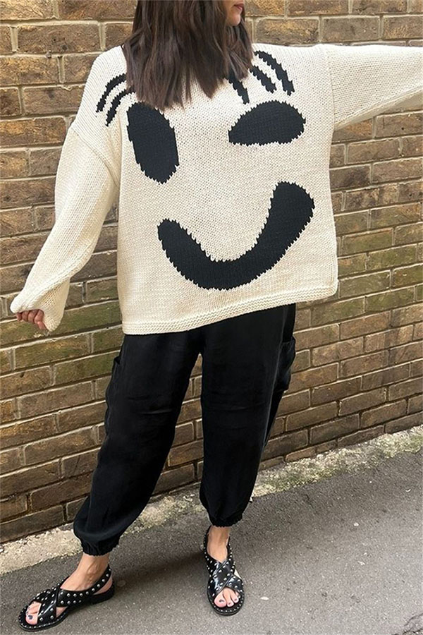 Feel Good Knit Colorful Smiley Face Loose Pullover Sweater-consonak