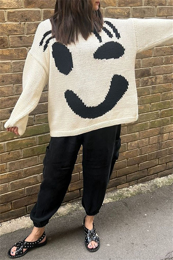Feel Good Knit Colorful Smiley Face Loose Pullover Sweater-consonak