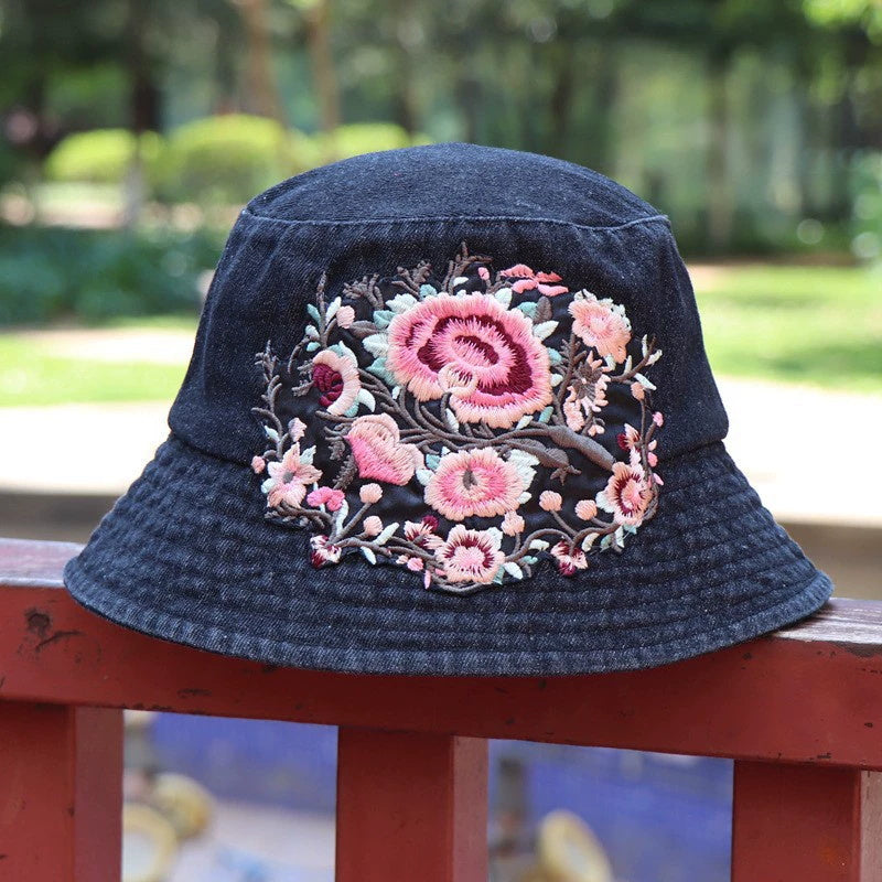 Fashionable Ethnic Style Embroidered Denim Bucket Hat-consonak