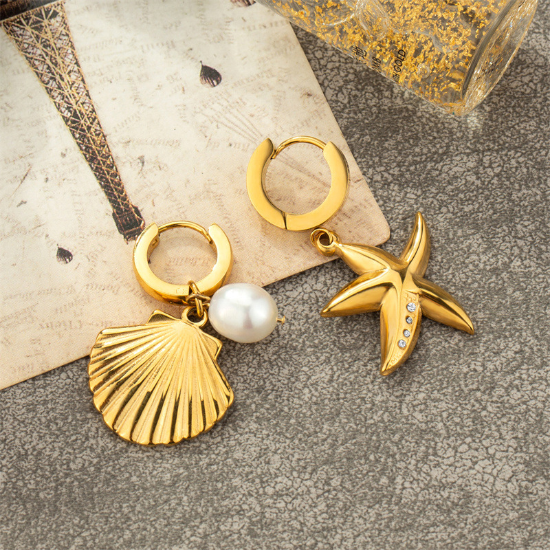 Fashionable Starfish Shell Pearl Earrings-consonak