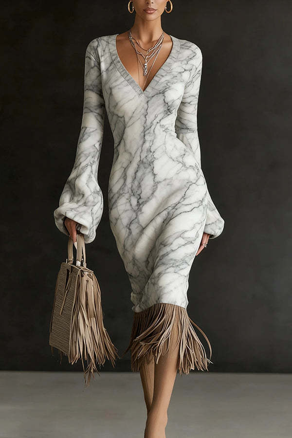 Unique Printed V-neck Long-sleeved Elegant Tassel Hem Midi Dress-consonak
