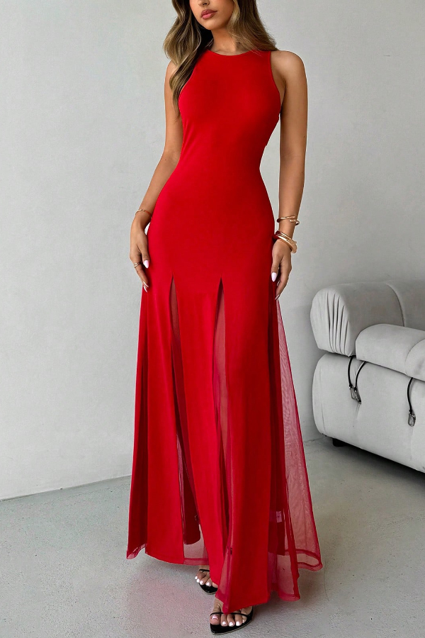 Solid Color Round Neck Sleeveless Slim Fit Sheer Patchwork Hem Maxi Dress | Consonak