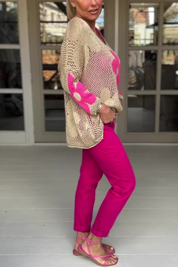 Embroidered Flower Hollow Long-sleeved Holiday Loose Knitted Top-consonak