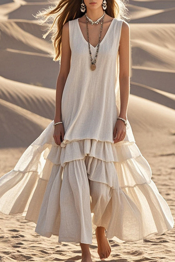 Linen Blend V-neck Sleeveless Loose Full Hem Midi Dress-consonak