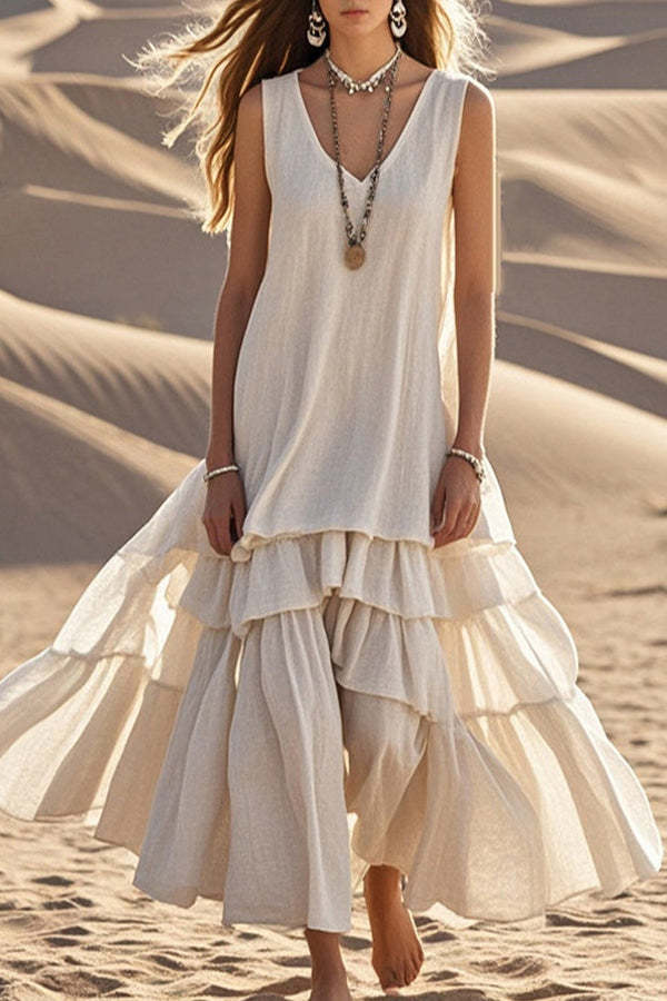 Linen Blend V-neck Sleeveless Loose Full Hem Midi Dress-consonak
